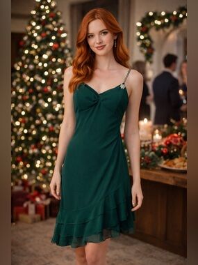 Ruby Rox Vintage Emerald Green Ruffle Hem Spaghetti Strap Mini Dress Size Small